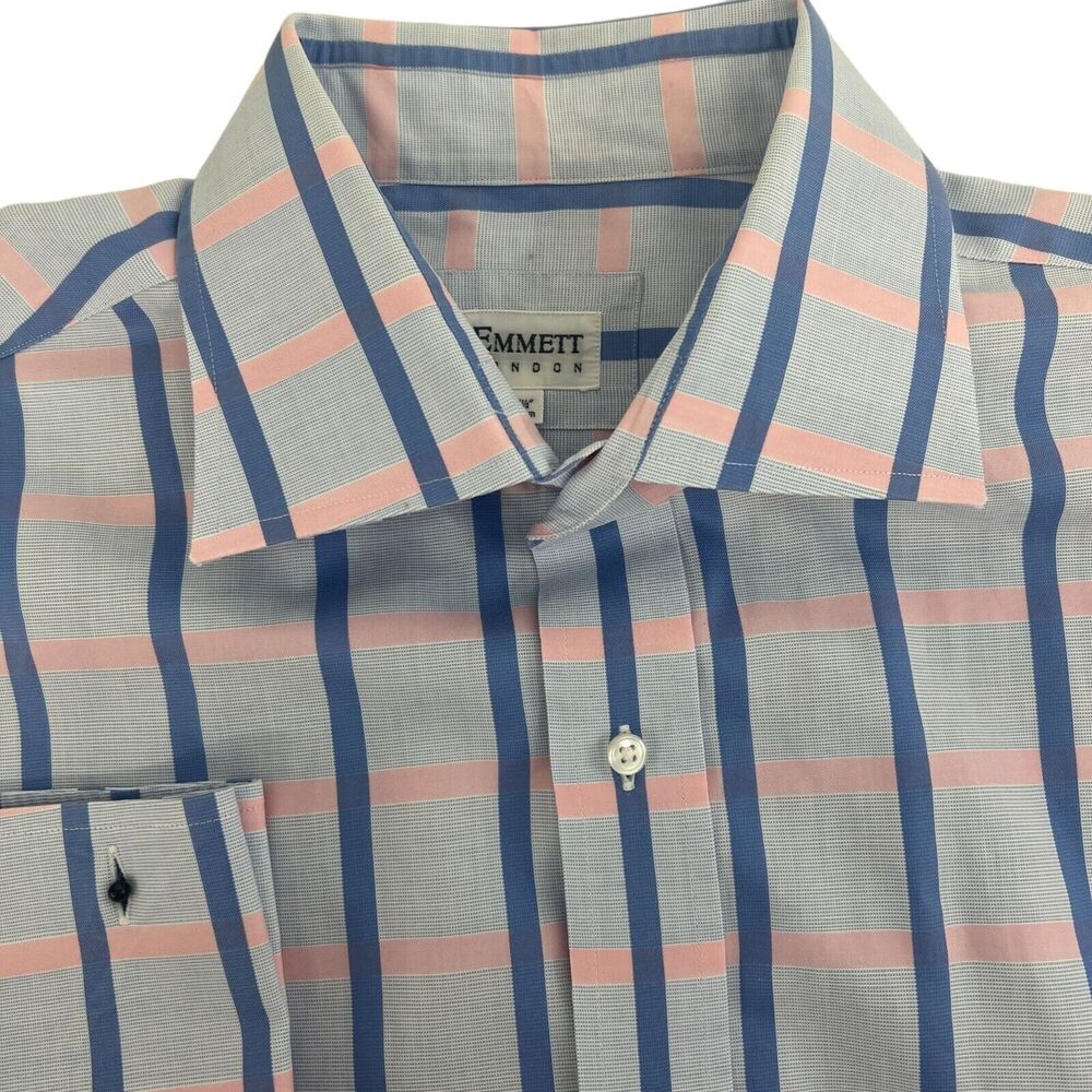 Emmett‎ London Mens Dress Shirt Blue & Pink Plaid Long Sleeve French Cuffs 17.5